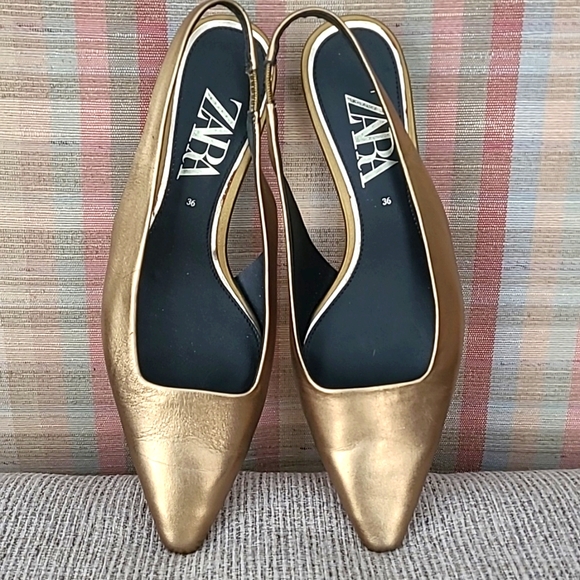 Zara Metallic Gold Genuine Leather Geometric Heel Sling Backs - Picture 2 of 8